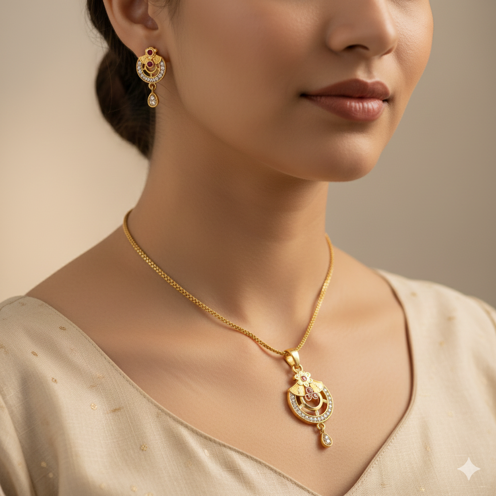 Elegant Micro Gold Plated Ruby and AD Diamond Floral Pendant Set with Designer Earrings