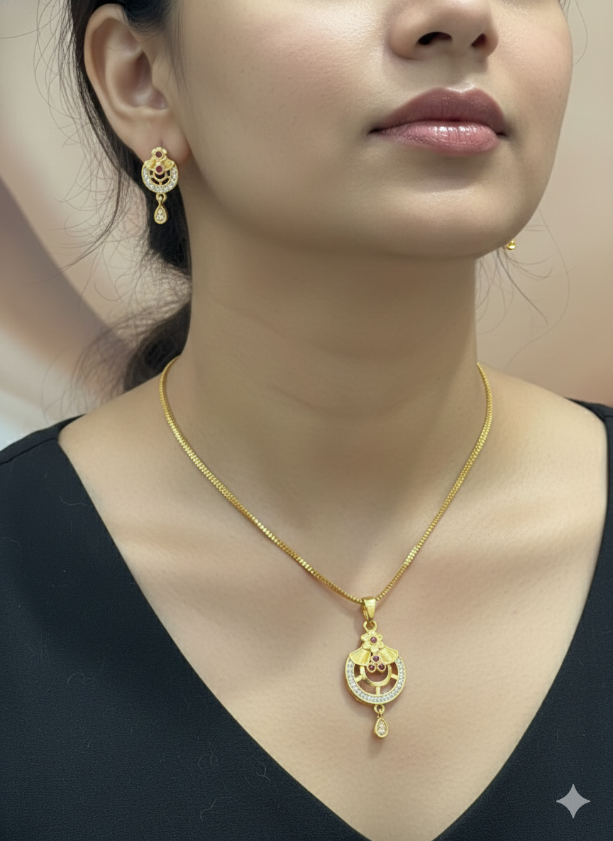 Elegant Micro Gold Plated Ruby and AD Diamond Floral Pendant Set with Designer Earrings