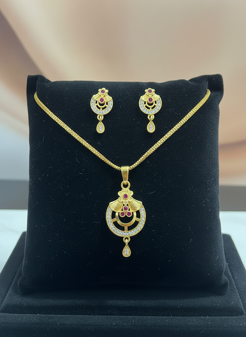 Elegant Micro Gold Plated Ruby and AD Diamond Floral Pendant Set with Designer Earrings