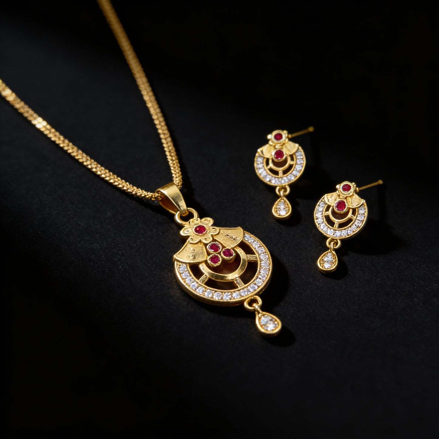 Elegant Micro Gold Plated Ruby and AD Diamond Floral Pendant Set with Designer Earrings