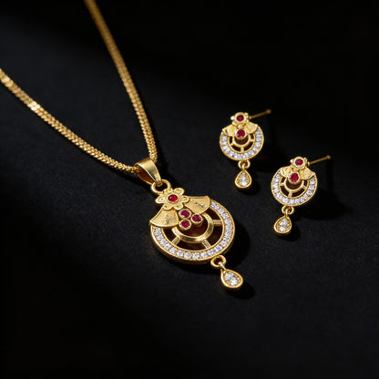 Elegant Micro Gold Plated Ruby and AD Diamond Floral Pendant Set with Designer Earrings