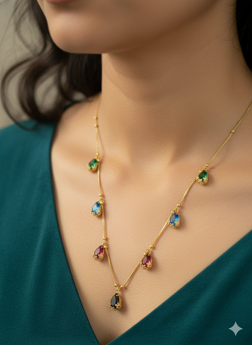 Elegant Multicolor Teardrop Stone Gold-Plated chain