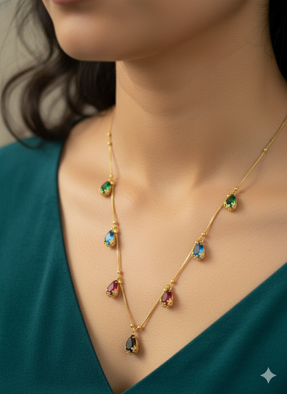 Elegant Multicolor Teardrop Stone Gold-Plated chain