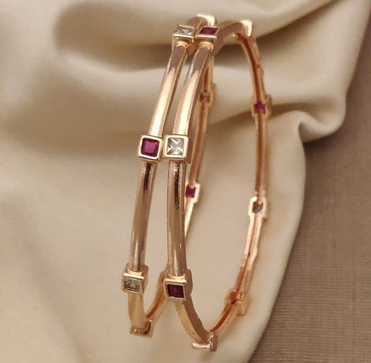 Rose Gold Plated Ruby & Ad Diamond Square Studded Bangles – Set Of 2