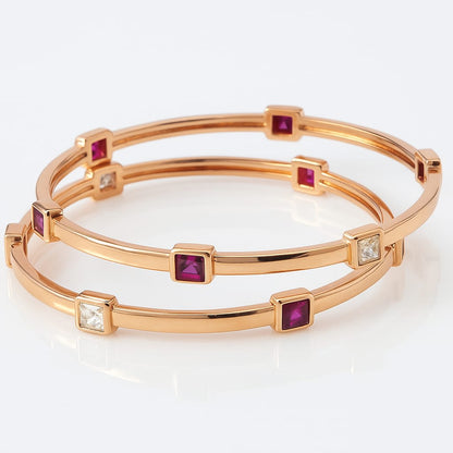 Rose Gold Plated Ruby & Ad Diamond Square Studded Bangles – Set Of 2