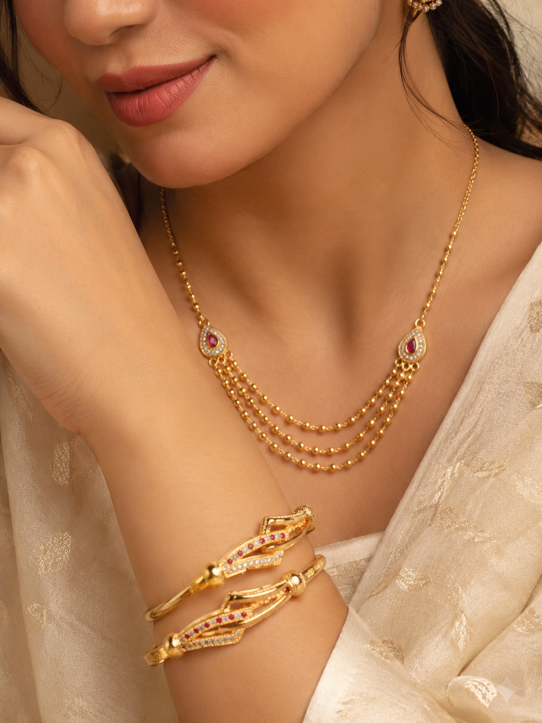 Elegant Triple Layer Gold Plated Beaded chai & Designer Kada Combo Set