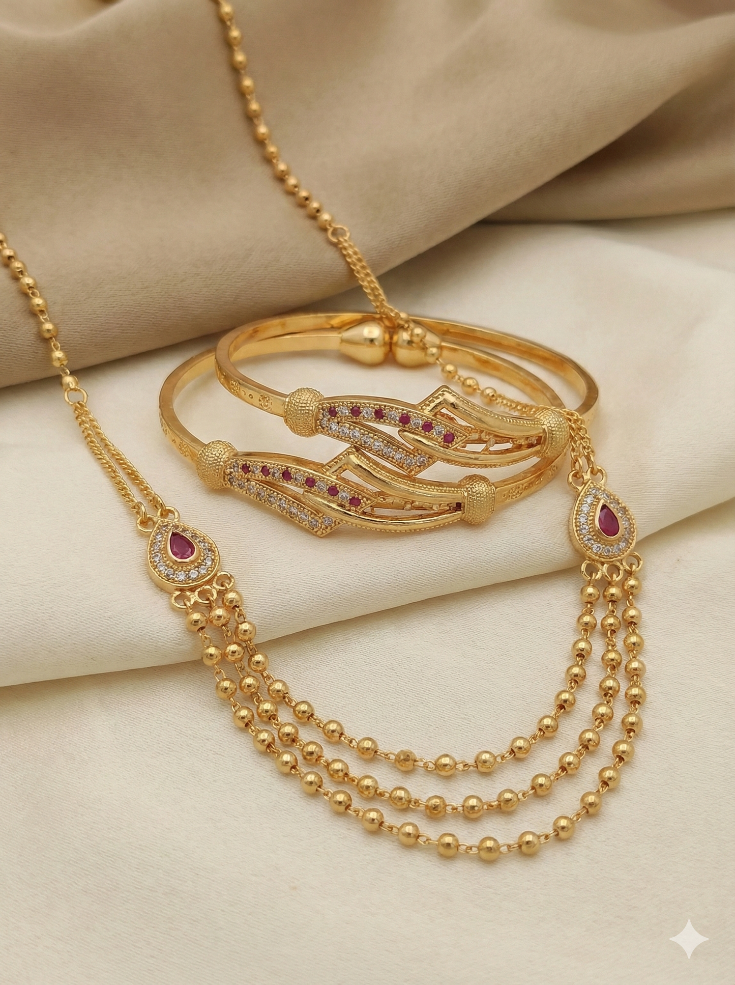 Elegant Triple Layer Gold Plated Beaded chai & Designer Kada Combo Set