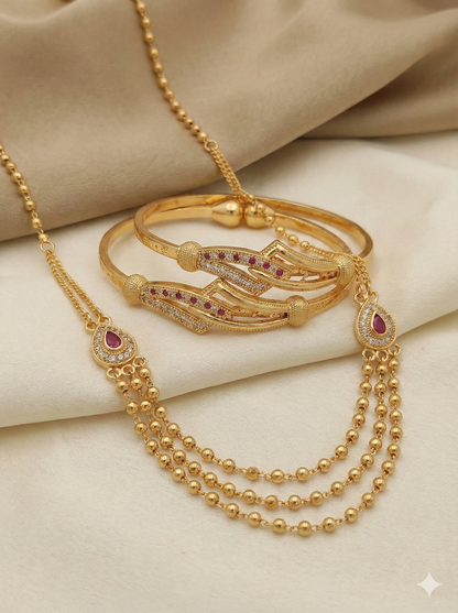 Elegant Triple Layer Gold Plated Beaded chai & Designer Kada Combo Set