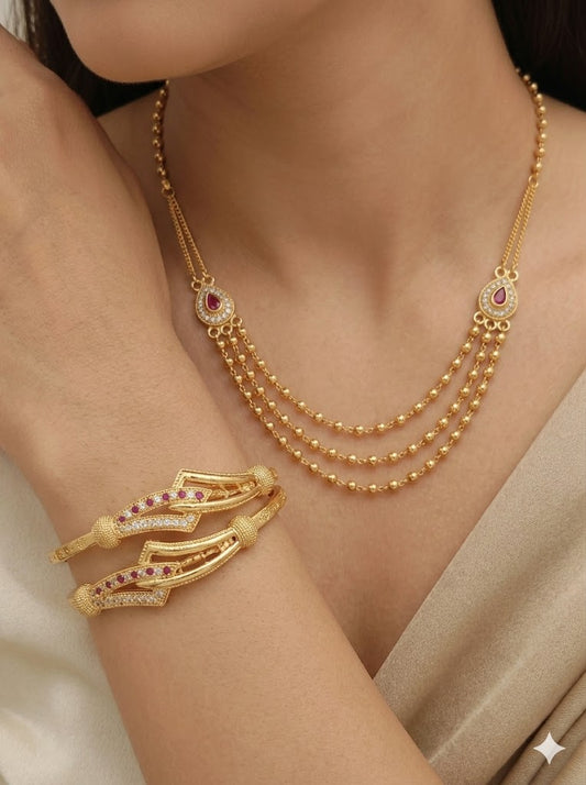 Elegant Triple Layer Gold Plated Beaded chai & Designer Kada Combo Set