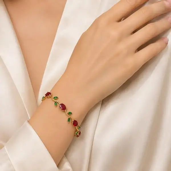 Elegant Tulip Ruby Red & Emerald Green Leaf Gold-Plated Bracelet