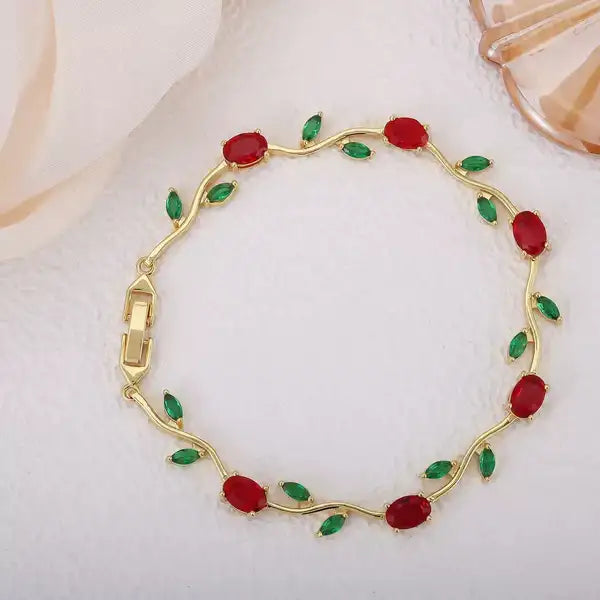 Elegant Tulip Ruby Red & Emerald Green Leaf Gold-Plated Bracelet