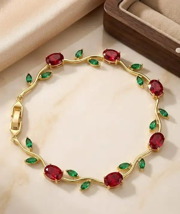 Elegant Tulip Ruby Red & Emerald Green Leaf Gold-Plated Bracelet