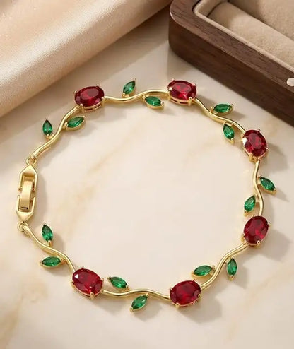 Elegant Tulip Ruby Red & Emerald Green Leaf Gold-Plated Bracelet