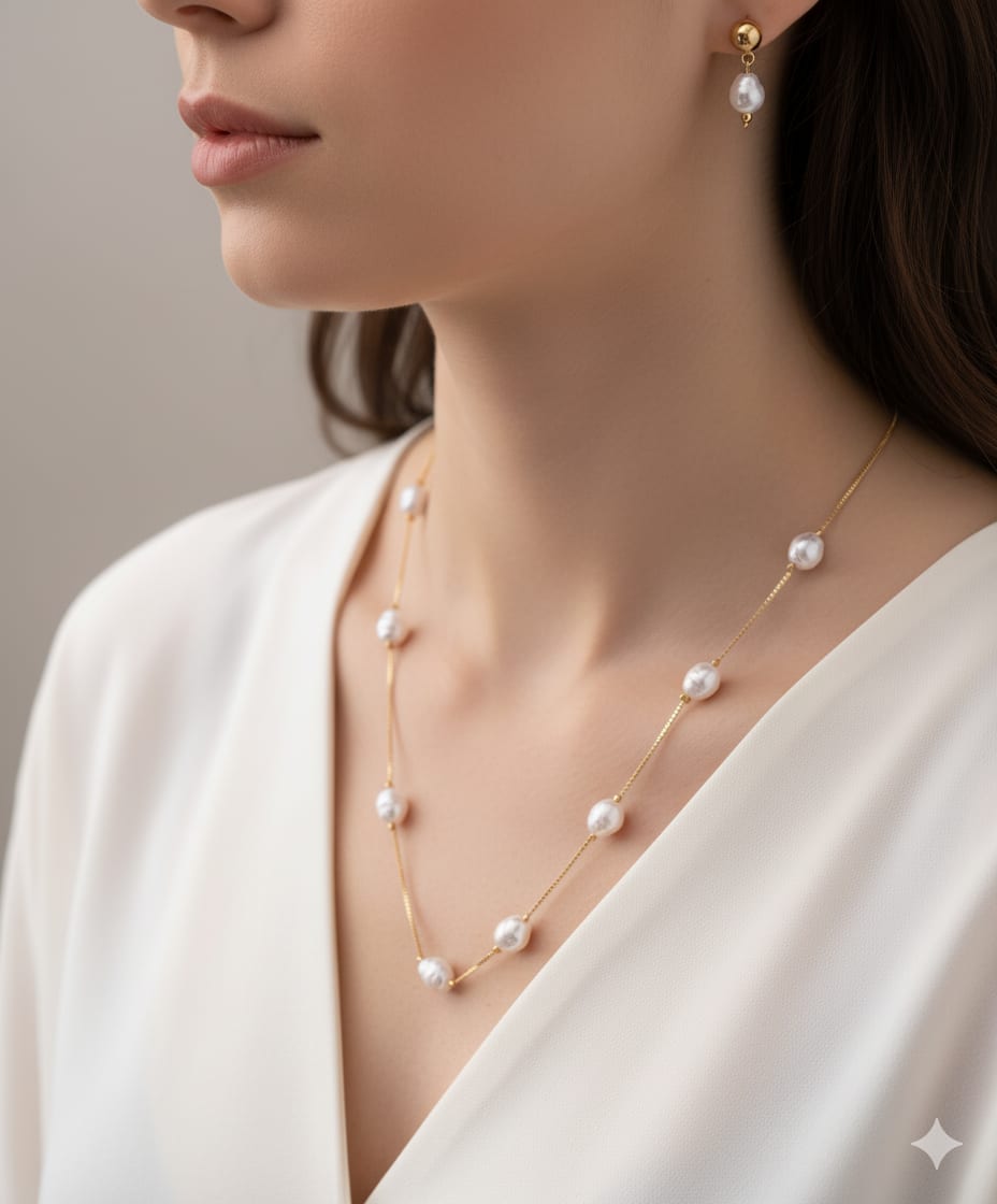 Gold Plated Pearl Drop Fancy Chain Necklace With Earrings For Women