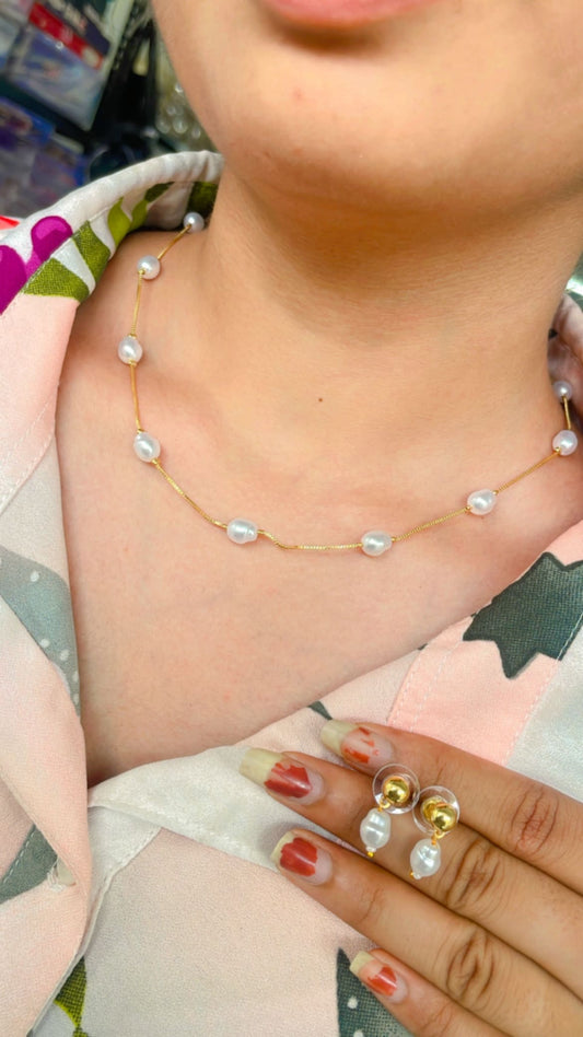 Gold Plated Pearl Drop Fancy Chain Necklace With Earrings For Women