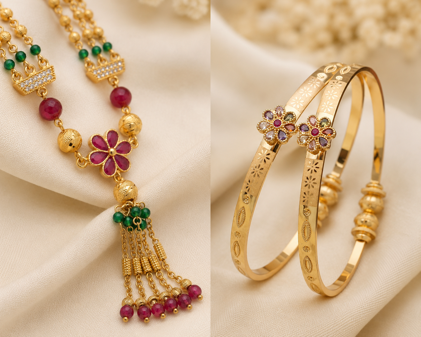 Floral Elegance Gold-Plated Necklace & Adjustable Bangle Combo Set