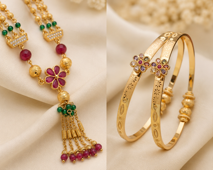 Floral Elegance Gold-Plated Necklace & Adjustable Bangle Combo Set