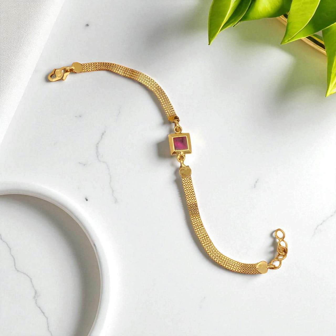 Designer High Gold Plated Ruby Stone Mesh Chain Bracelet