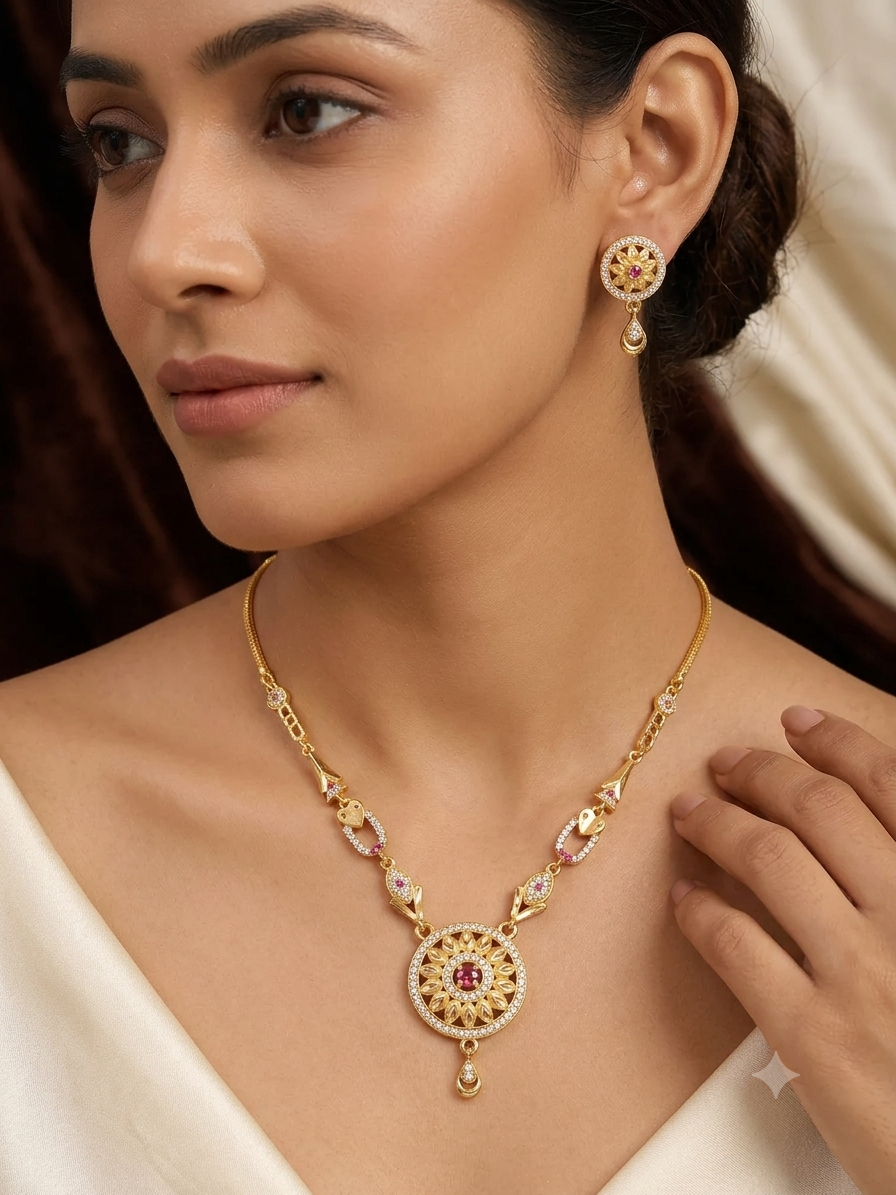 Designer High Gold Plated And Diamond Studded Antique Round Pendant Set with Earrings