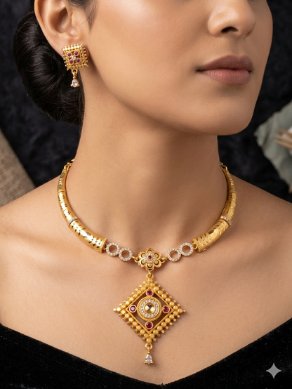 Royal Gold Plated Traditional Pendant Necklace Set with Designer Earrings