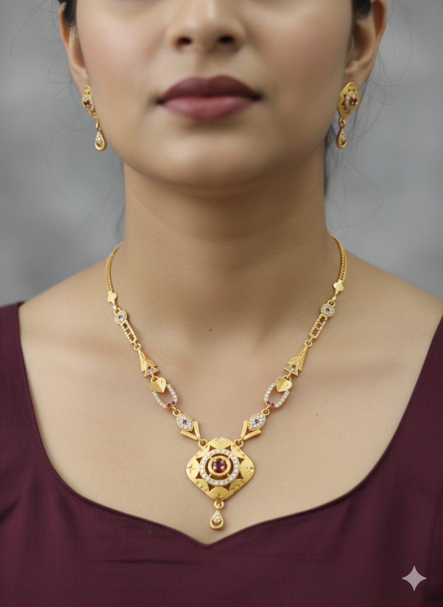Elegant Gold Plated Flower Design Necklace Set with AD Diamonds