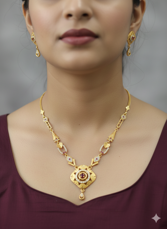 Elegant Gold Plated Flower Design Necklace Set with AD Diamonds