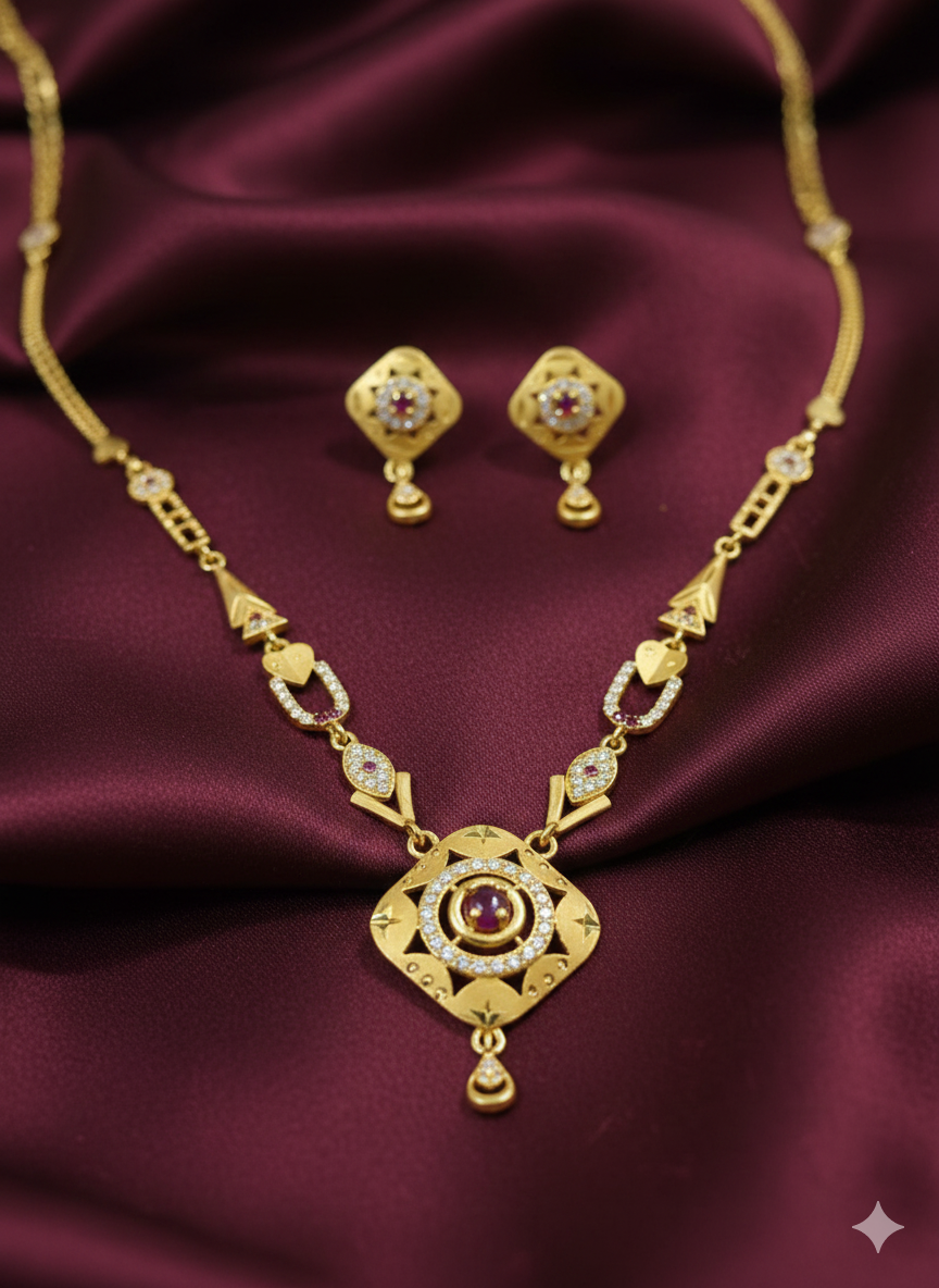 Micro Gold Plated AD Diamond Studded Forming Square Necklace with Earrings for Women