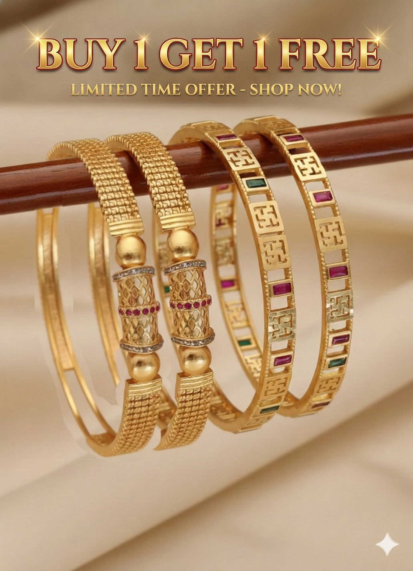 micro gold plated ad diamond studed fancy bangle combo (buy  1 get 1 free)