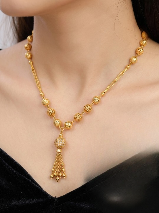 Gold-Plated Designer Long Beaded Tassel Necklace for Women