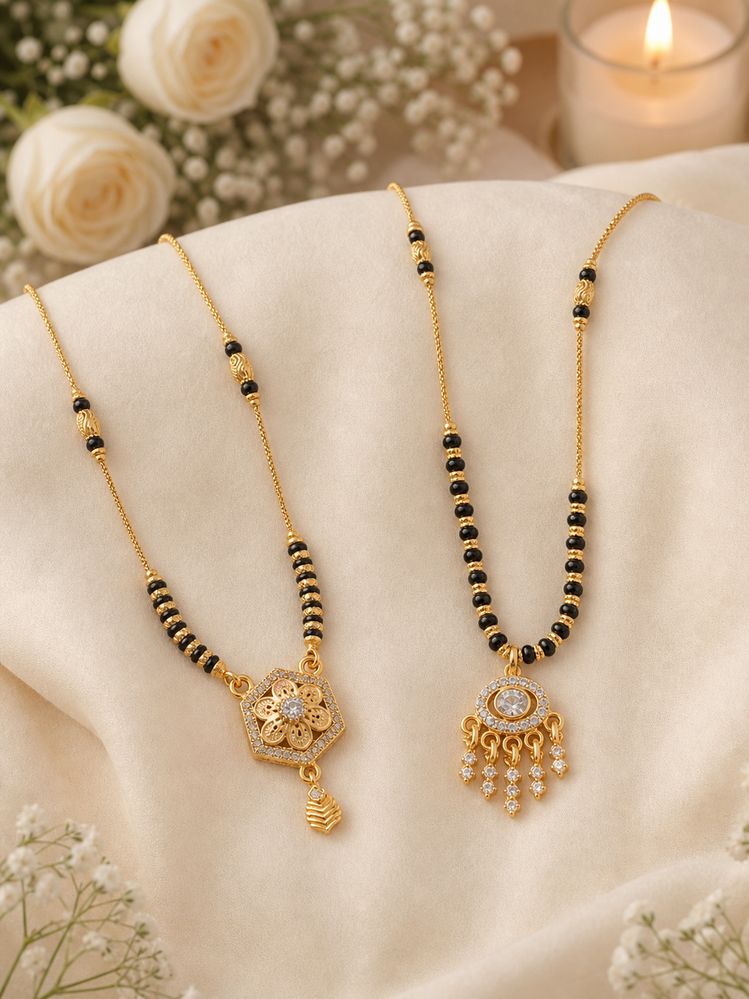 Gold Plated Diamond-Studded Floral & Chandbali Mangalsutra Combo for Women