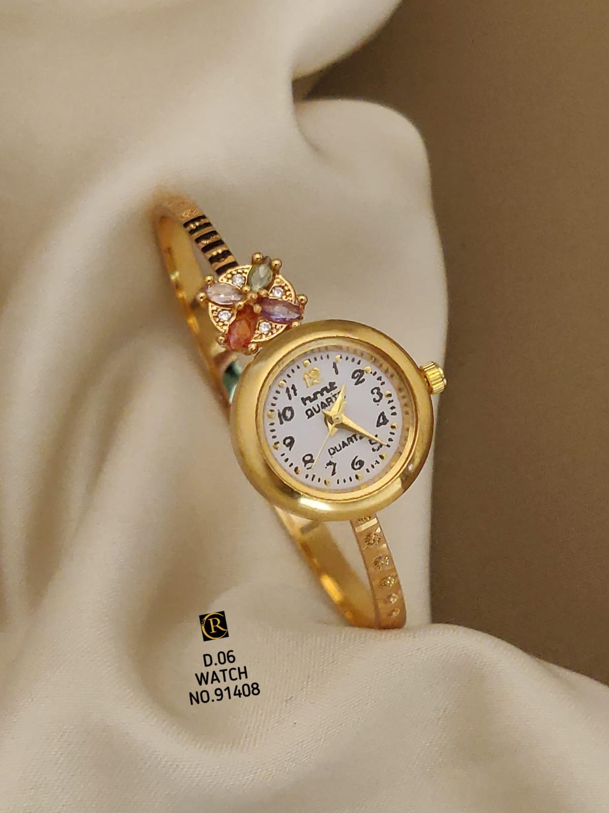 Beautiful Golden Floral AD Stone Studded Bracelet Watch for Women