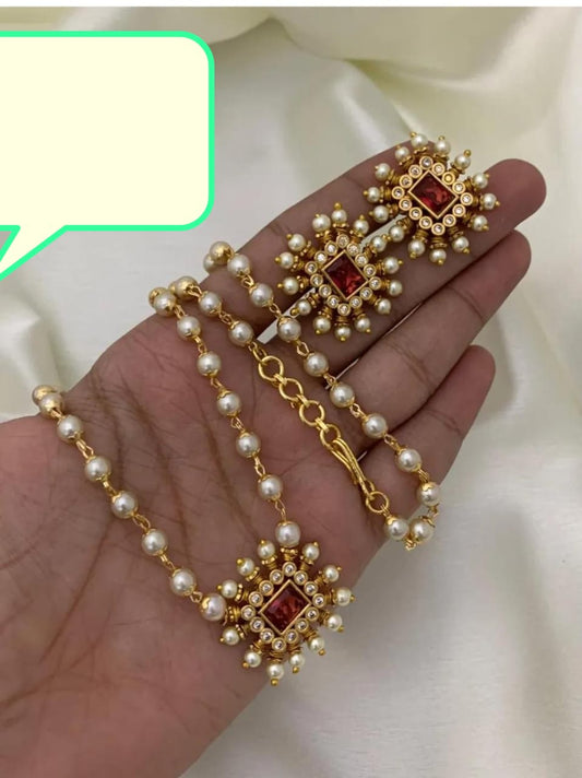 Gold Plated Ruby Stone Studed Pearl Chowker