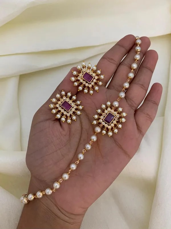 Gold Plated Ruby Stone Studed Pearl Chowker