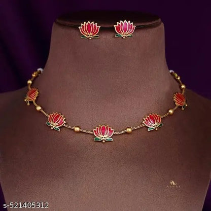 Golden Ball Advaita Enamel Lotus Short Choker Necklace With Earrings For Women