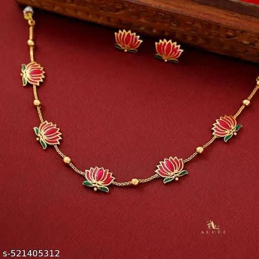 Golden Ball Advaita Enamel Lotus Short Choker Necklace With Earrings For Women