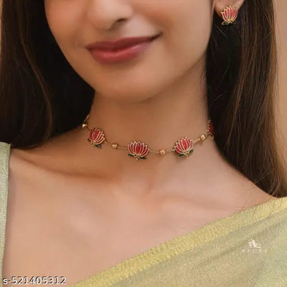 Golden Ball Advaita Enamel Lotus Short Choker Necklace with Earrings for Women