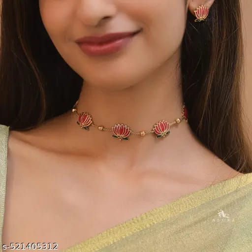 Golden Ball Advaita Enamel Lotus Short Choker Necklace with Earrings for Women