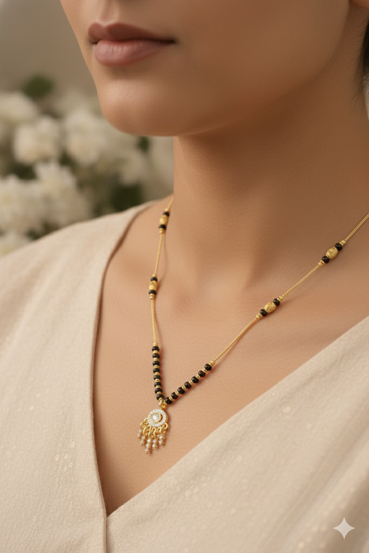 Graceful Black Gold Plated Bead AD Diamond Pendant Mangalsutra