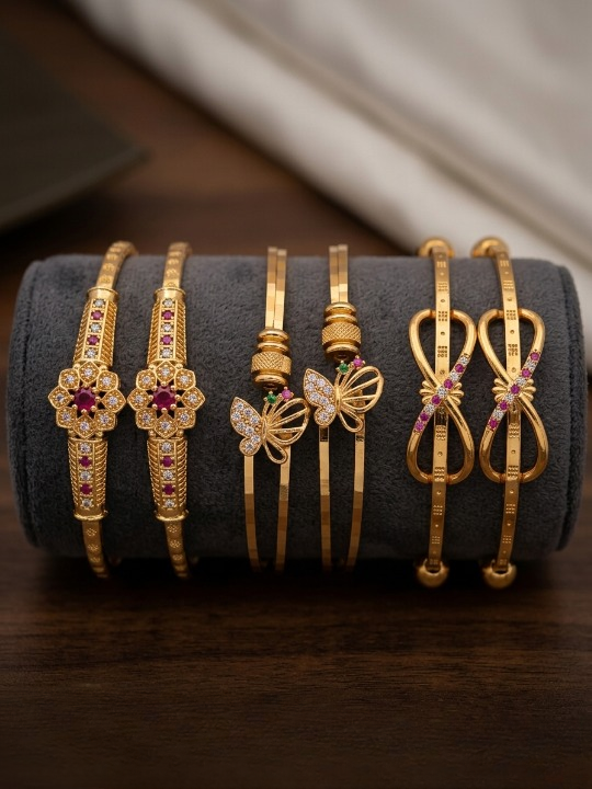 Premium Gold Plated Butterfly & Floral Designer Adjustable Bangle Combo for Women | Stone Studded Fancy Bangles (Set of 3 Pairs)