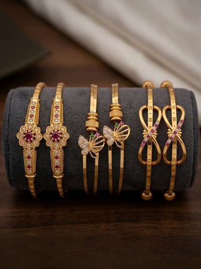Premium Gold Plated Butterfly & Floral Designer Adjustable Bangle Combo for Women | Stone Studded Fancy Bangles (Set of 3 Pairs)