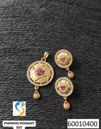 High Gold Plated Stunning American Diamond And Pink Diamond Studded Forming Designer Beautiful Round Pendent Set