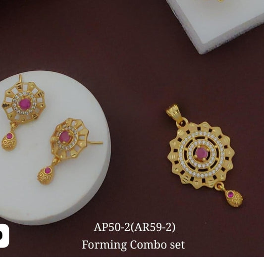 High Gold Plated Stunning American Diamond And Pink Diamond Studded Forming Designer Round Pendent Set
