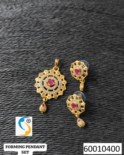 High Gold Plated Stunning American Diamond And Pink Diamond Studded Forming Designer Round Pendent Set