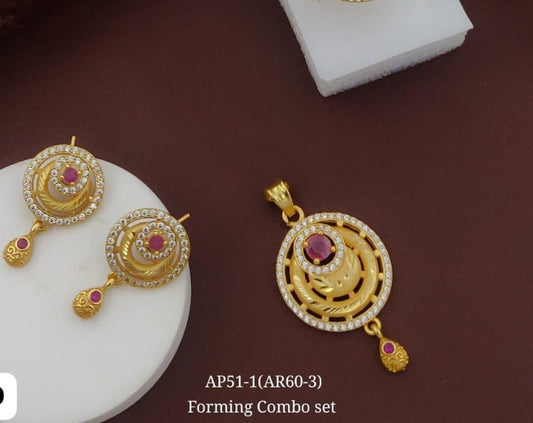 High Gold Plated Stunning American Diamond And Pink Diamond Studded Forming Designer Round Shape Pendent Set