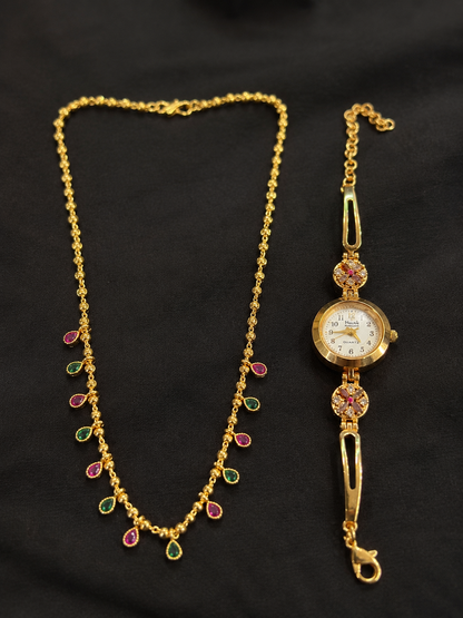 Elegant Gold-Plated Floral Stone Bracelet Watch for Women