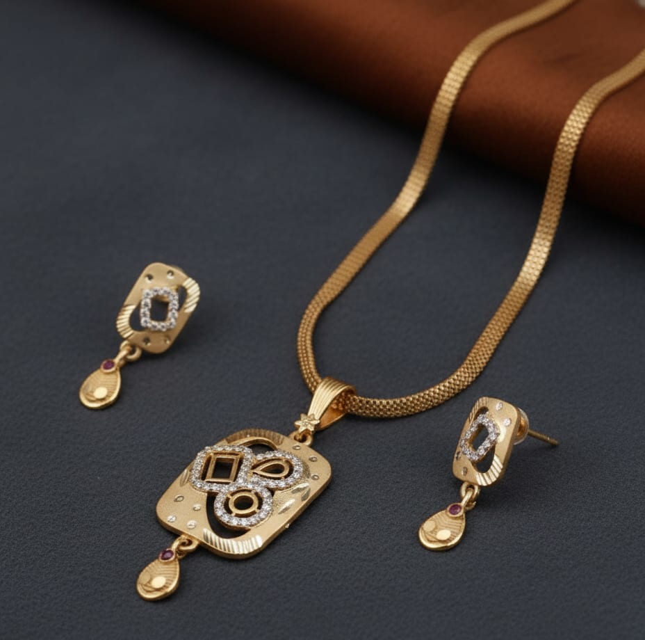 Micro Gold Plated Ad Diamond Pendant Set With Earrings & 18" Chain