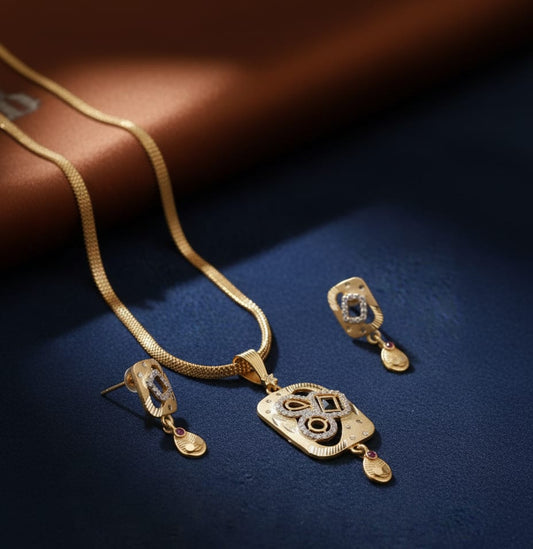 Micro Gold Plated Ad Diamond Pendant Set With Earrings & 18" Chain