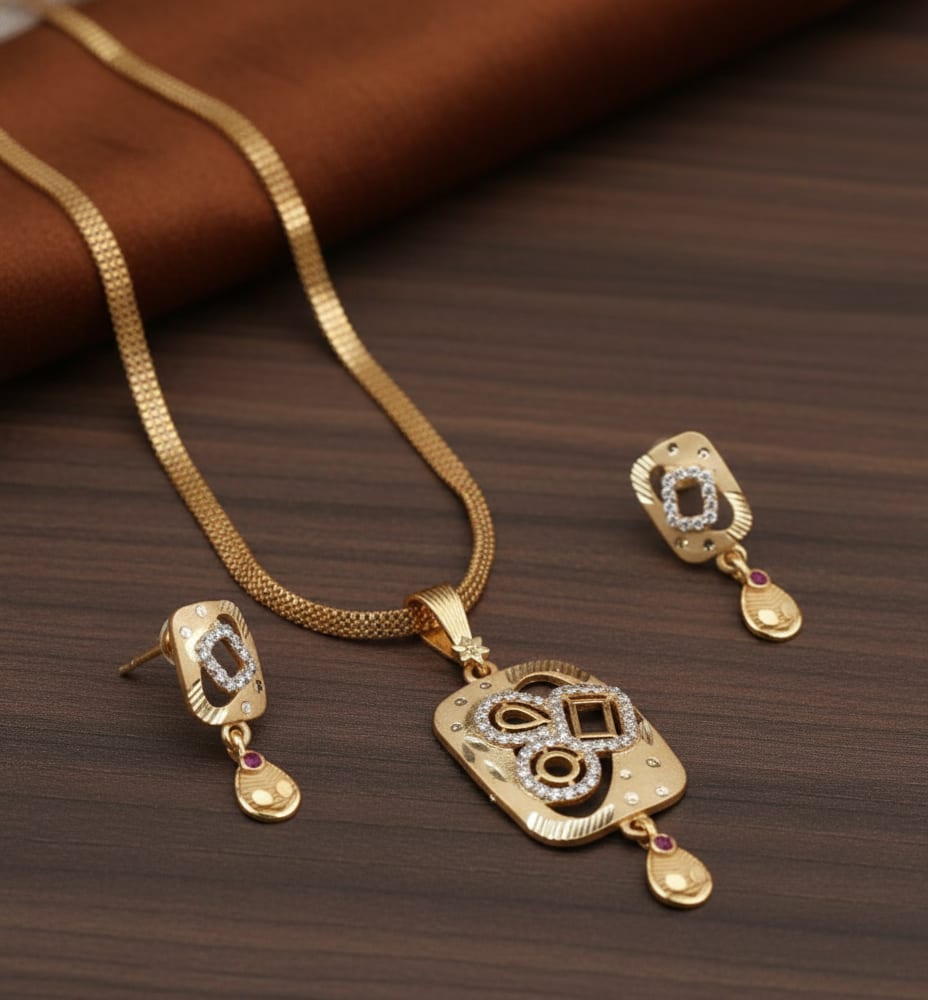 Micro Gold Plated Ad Diamond Pendant Set With Earrings & 18" Chain