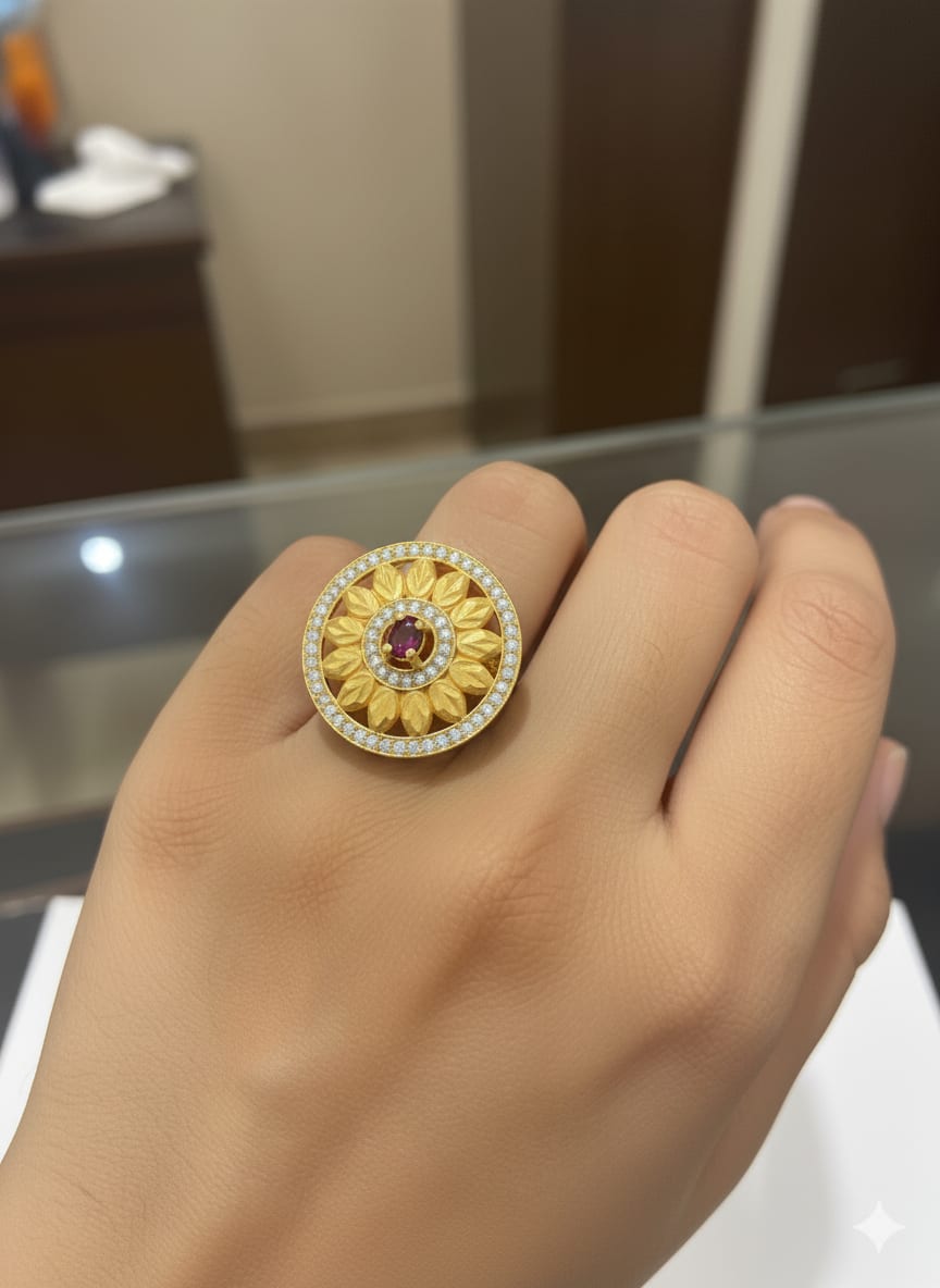 Micro Gold Plated Ad Diamond Studed Fancy Sonflower Pendent Set With Adjustable Ring