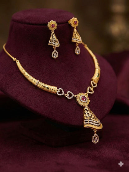 Traditional Micro Gold Plated And Diamond Necklace Set with Matching Earrings